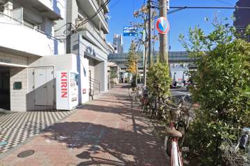 敷地南側の前面道路は環八通りです（西側から）。