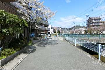 敷地北東側の前面道路。道を挟んで東川が流れています。