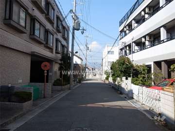 敷地北側の前面道路。周辺はマンションと一戸建てが混在する静かな住宅地です。