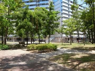 敷地内の公園。木々が茂り、各所にベンチや遊具、砂場などが設置されています。