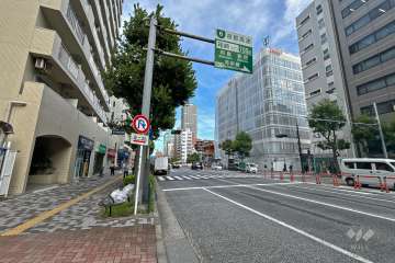 敷地の南東側前面道路は新大橋通りです（南西側から）。