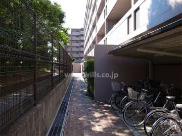 駐輪場。敷地の東側は緑地です。