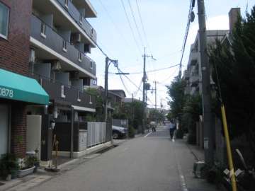 敷地南側の前面道路。周辺はマンションと一戸建てが混在する区画の整った住宅地です。