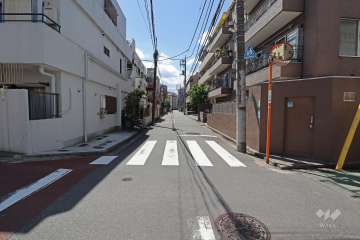 敷地南側前面道路。南・東・北の三方が接道した開放感ある立地です。