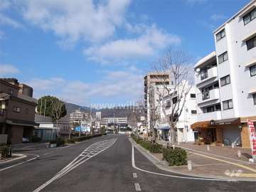 敷地西側の前面道路。歩道の付いた二車線の通りです。