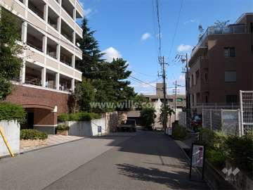 敷地南側の前面道路。周辺はマンションが中心に立ち並ぶ緑豊かな住宅地です。