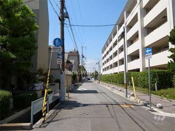 敷地南側の前面道路。周辺はマンションと一戸建てが混在する静かな住宅地です。