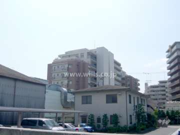 アルス西宮ルシーディアの遠景。周辺にはマンションが多く立ち並んでいます。