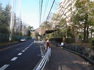 緑道を挟んで南側はバス通り。敷地に隣接してバス停があります。