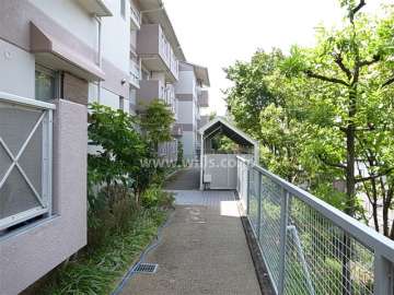 ４号棟北側の通路。敷地の北側は一段低く抜けています。