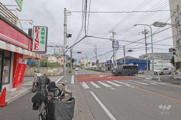 敷地南側の前面道路。路線バスが止まります。