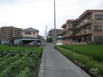 マンション南側の前面道路。周辺は田畑が多いのどかな住宅地です。