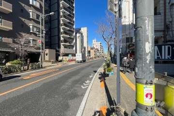 敷地東側の前面道路。二車線のバス通りです。