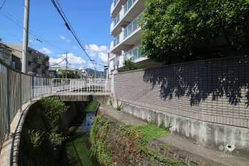 敷地と敷地西側の前面道路との間を流れる水路