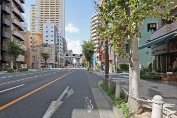 敷地南西側の前面道路（南東側から）は、尾久通りです。