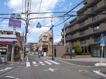敷地西側の前面道路。向かいにコープがあります。