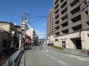 敷地南側の前面道路。周辺は住宅、店舗、事務所などが立ち並ぶ街です。