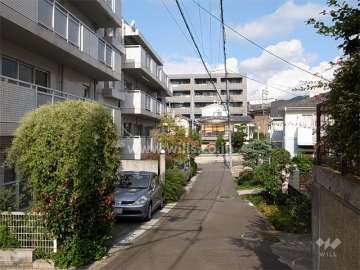 敷地東側の前面道路。周辺はマンションと一戸建てが混在する静かな住宅地です。