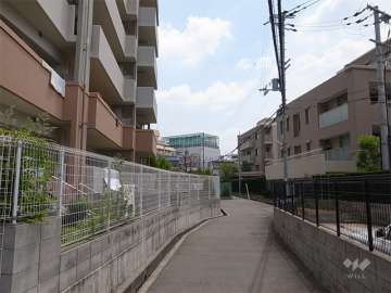 敷地の南側の通路。1階住戸には専用庭が付いています。