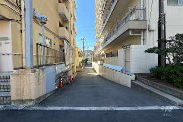 敷地の南東側前面道路（北東側から）