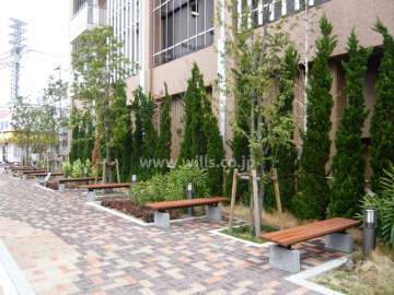 敷地西側のオープンスペースにはベンチや植栽が設けられています。