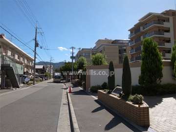 敷地北側の前面道路。周辺は一戸建てとマンションが混在する住宅地です。