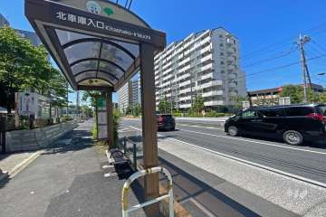 敷地の西側前面道路（北側から）。バス停が目の前にあります。