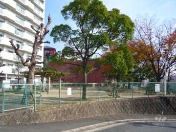 敷地に隣接する公園。緑豊かで、遊具も設置されています。