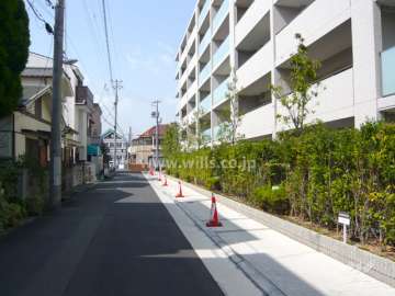 敷地南側の前面道路。周辺はマンションと一戸建てが混在する住宅地です。