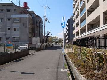 敷地南側の前面道路。南、東、北の3方が接道しています。