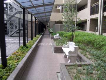 共用廊下の両脇に植栽スペースがあり、ベンチも設置されています。