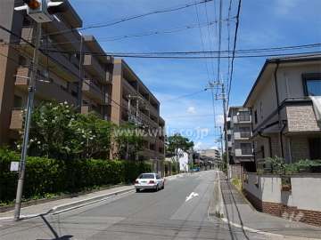 敷地東側の前面道路。周辺は区画の整った静かな住宅地です。