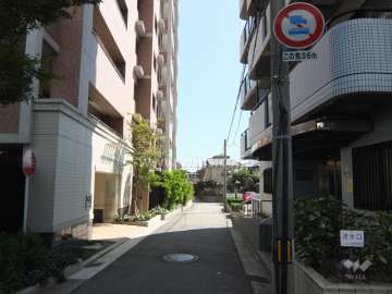 敷地東側の前面道路。エントランスがあります。