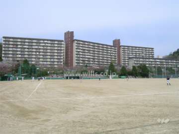 グリーンハイツ向陽全体。左から1号棟、2号棟、3号棟。一番右手前が4号棟です。