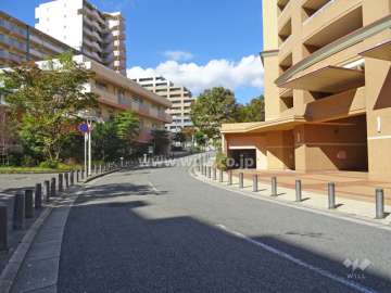 敷地西側の前面道路。敷地の全周が道路に囲まれており、26番街区にある建物はパークスクエア岡本のみです。