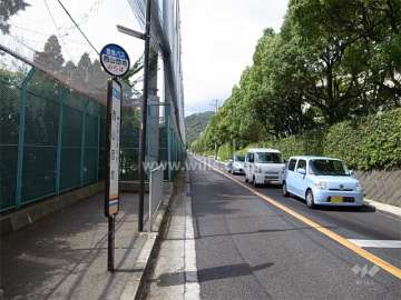 敷地南側の前面道路。目の前にバス停があります。