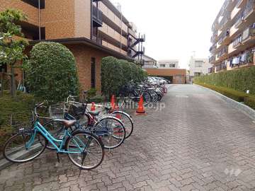 駐車場出入り口と駐輪場