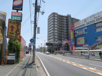 敷地東側の前面道路。二車線のバス通りです。