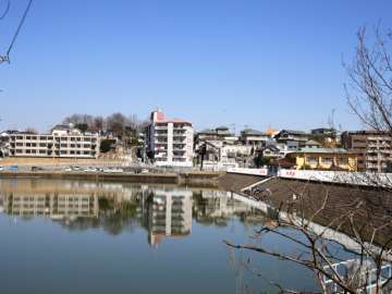 茨木春日丘ハイツの遠景。手前は松沢池です。