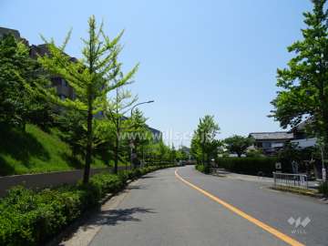 敷地北西側の前面道路。2車線のバス通りで、豊中市との市境になります。