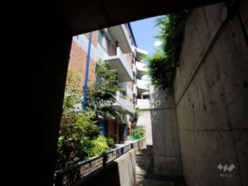 通路を吹き抜けから明りが取込まれ、各所に植栽スペースが設けられています。