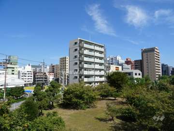 ディモア江坂レジデンスの遠景（南西側から）※敷地南側には製薬会社の敷地が広がります。