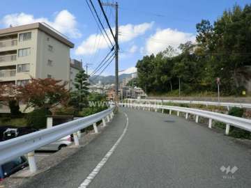 敷地東側の前面道路。道を挟んで川が流れています。
