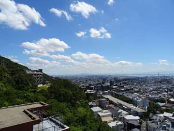 ザ・岡本プレミアムの遠景。南斜面の高台にあり、周囲は緑に囲まれています。