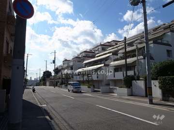 ノートルヴィラの遠景。周辺はマンションと一戸建てなどが混在する静かな住宅地です。