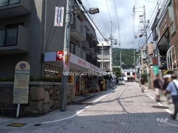敷地東側の前面道路。建物1階は店舗部分です。