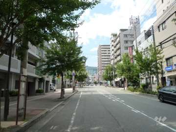 敷地東側の前面道路。周辺は駅前の区画の整った街。