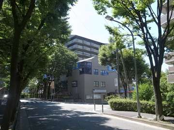 千里中央パークヒルズＫ棟の遠景。敷地東側は街路樹のある通りに面しています。