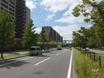 敷地北側は街路樹が並ぶ4車線の通りに面しています。