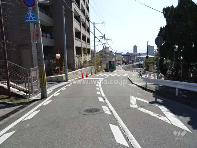 敷地南西側の前面道路。緩やかな勾配になっています。